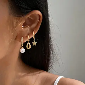 Gold Earrings For Women, Dainty Huggie Earrings Stack 14K Gold Plated Pearl Dangle Earrings for Women Trendy Cute Hypoallergenic Unique Gold Earring Stack Fashion Gold Jewelry Gifts