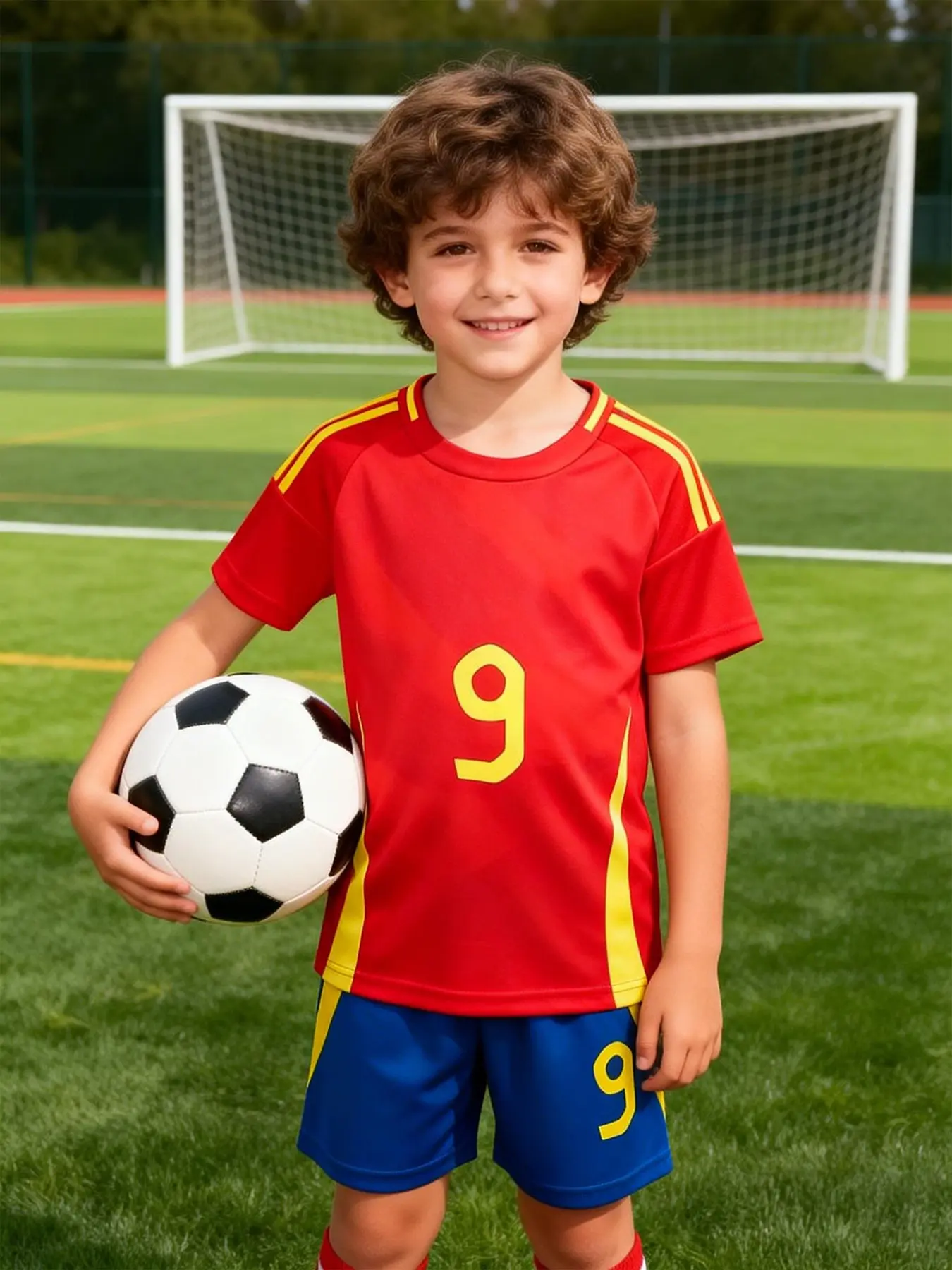 Boys' football sportswear set, Sports clothing set, Sporty set, Football uniform, featuring a contrasting color block design of red, blue, with a 'No. 9' logo, suitable for daily sports, breathable