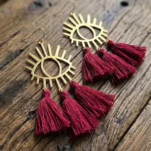 Protection Medallion Statement Earrings – Gold Brass and Tassel Sunburst
