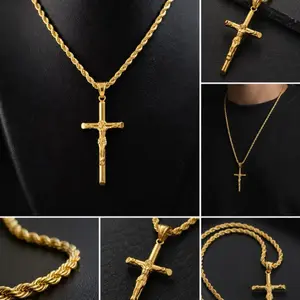 Rope Chain and Crucifix Set 14Kt Gold Plated Elegant Jewelry for Men and Women