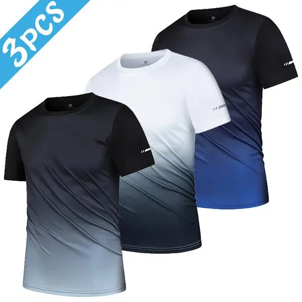 Men’s 3-Pack Quick-Dry Gradient Print Crew Neck T-Shirts - Polyester, Lightweight Breathable Sports Shirt, Reflective Details, Athletic Cut, Dry Fit Performance, Ideal for Gym Daily Wear, Workouts, Sporty Chic Summer Fitness