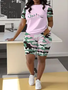 Plus Size Camo 2 Piece Set TShirt & Biker Shorts for Curvy Women