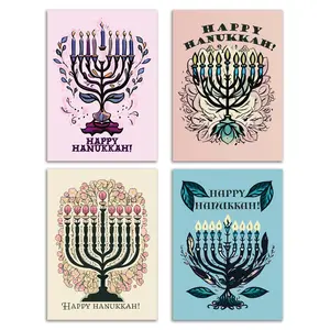 24 Beautiful Happy Hanukkah Cards with 4 Beautiful Menorah Illustrations + Envelopes