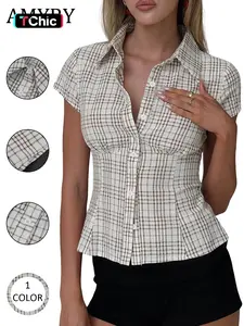 Women's Vintage Plaid Polo Neck Short Sleeve Shirt, Slim-Fitting Summer Top, Casual College Style Button-Up Blouse