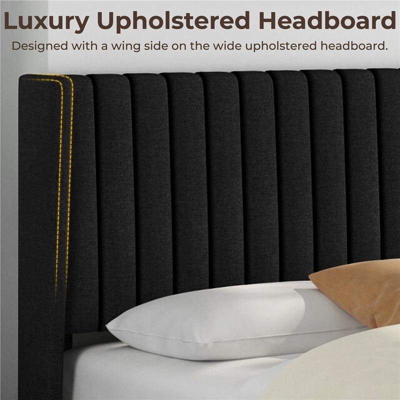 Costoffs Linen Fabric Upholstered Bed Frame Queen with Wood Slat Ventilation 6" Under-Bed Space Easy Assembly