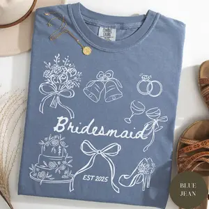Custom Bridesmaid Comfort Colors Shirt, Wedding Day Bridal Gift, Bachelorette Party, Matching Team Bride, Coquette Faux Lace Bow