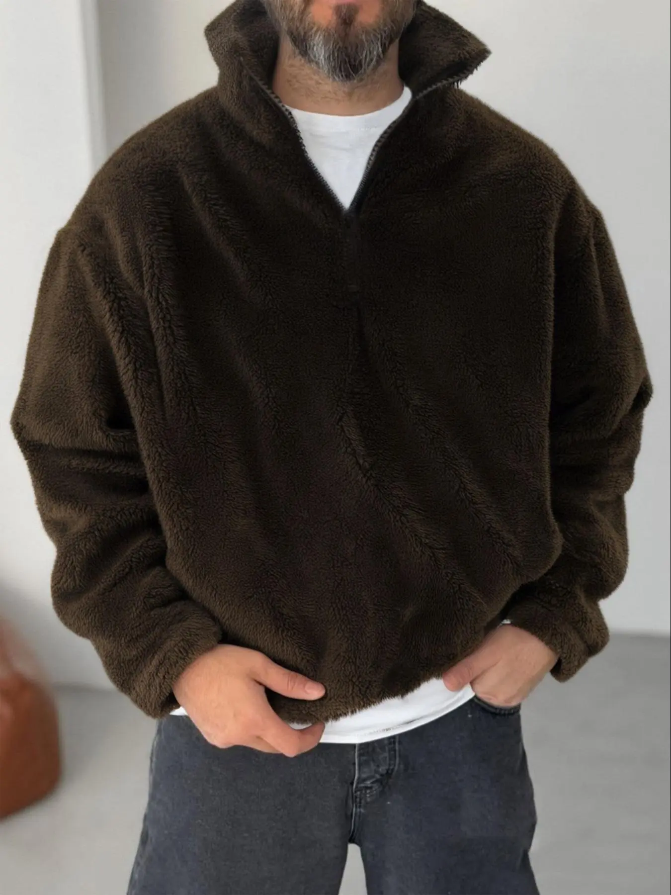 Men's Regular Fit Solid Color Fuzzy Sherpa Soft Fleece Jacket, Casual Comfy Sherpa Coat for Daily Outdoor Wear, Men Cloths for Fall & Winter, Tops, Casual Outdoor Outerwears