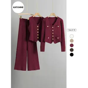 Lady Elegant Knit V-Neck Gold-Toned Button Vest & Wide Leg Trousers With Long Sleeve Cardigan Three-Piece Sets, Formal Casual Womenswear Can be used with raincoat