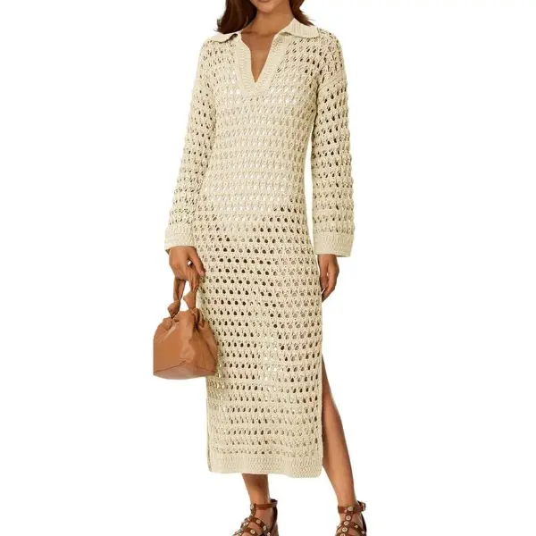 Fisoew Women's Crochet Sheer Patterned Cover-Up Midi Dress - Long Sleeve, V-Neck Collar, Drop Shoulder, Hollow Out, Lightweight, Small, Long Sleeve Shirt, Optimally Shows Body Proportions, Cold Wash (For Women)