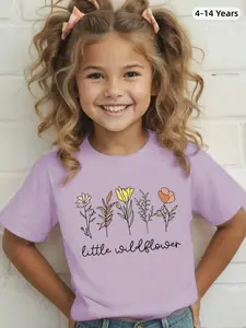 Cute Floral Print Versatile Short Sleeve T-Shirt, Casual Girls' Loose-Fitting Top, All Seasons Fashion Girls Floral Slogan Print Round Neck Short Sleeve T-Shirt, Casual Spring/Summer Children Clothing