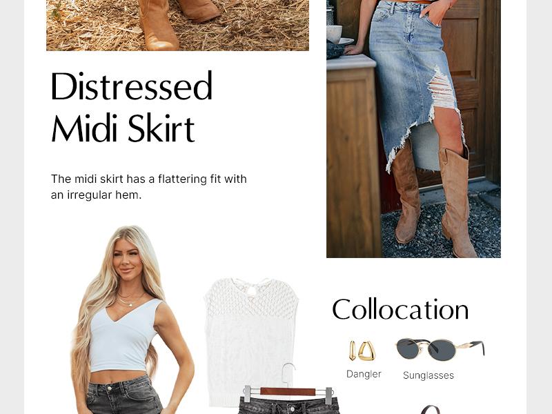 Asvivid Women Western Cowboy Denim with Pockets Midi Skirt Casual Cotton Jean Skirt Asymmetrical Slit Ripped Frayed Hem Skirts Basic Bottom for Daily Vacation Streetwear