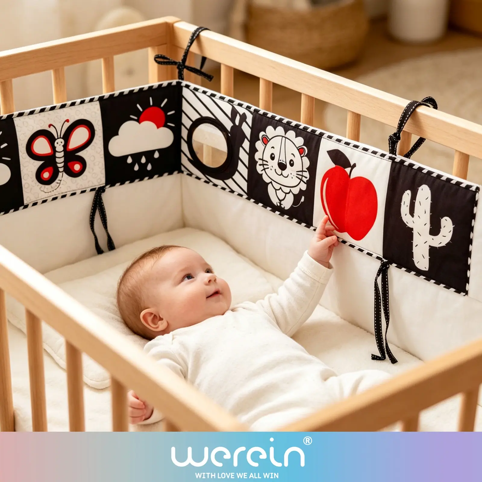 Black & White Baby Crib Bumper with Mirror & Cloth book，for 0-12 Months, newborn visual stimulation sensory toy Enhances Self Recognition and Hand-Eye Coordination