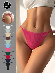 Hotcom Women's 11/22 Pack Plain Ring Linked Drop Waist Cotton Thong Elegant Fitted Minimalist Soft Comfy Breathable Knicker for Daily Wear Underwear for All Seasons Regular Fit Panties Summer Seamless T Back Thong