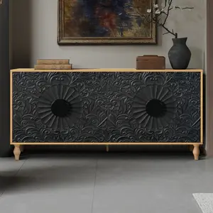 Black Vintage Carved Symmetrical Wood Frame TV Stand Table, Adjustable Laminate, Simple Install Indoor Furniture for Living Room, Entryway