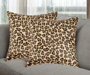 360 Stand 18 in. Handcrafted Brown & Black Leopard Animal Motif Genuine Hide Throw Pillows - Set of 2, Living Room Decor, Indoor Use