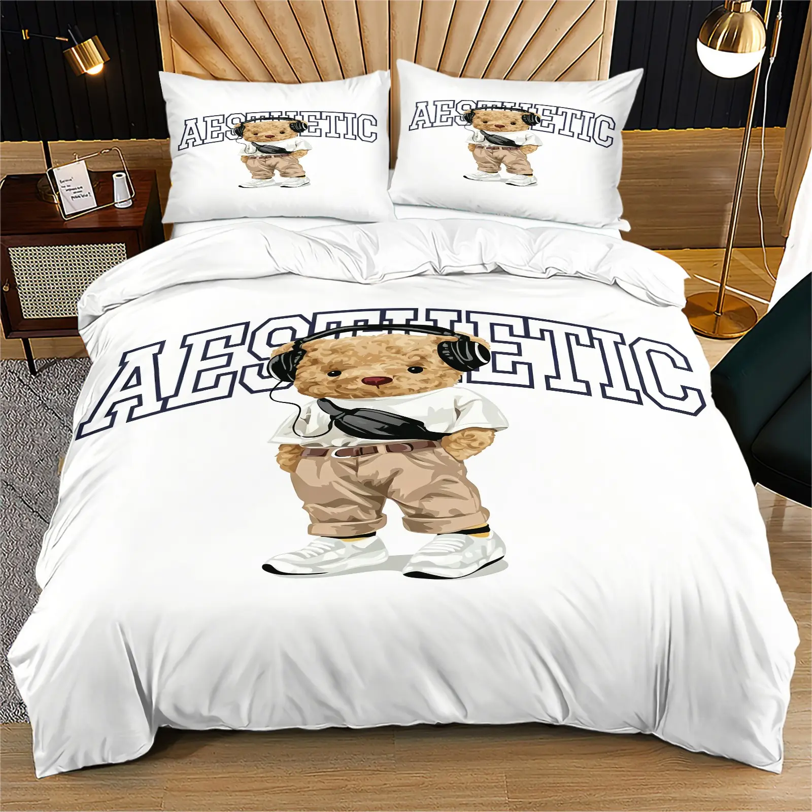 Retro Preppy Style Cute Teddy Bear Duvet Cover Set, 1 Duvet Cover with 1/2 Pillowcases, Stylish Comfy Bedding Sets for Bedroom, Dorm & Guest Room, Decor for Teens & Boys