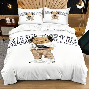 Retro Preppy Style Cute Teddy Bear Duvet Cover Set, 1 Duvet Cover with 1/2 Pillowcases, Stylish Bedding for Bedroom, Dorm & Guest Room, Decor for Teens & Boys