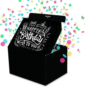 Gift Box Surprise Exploding Confetti Kit (Black Premium) Happy Birthday, Prank Pop Up 7.2x5.5x4.3 in.