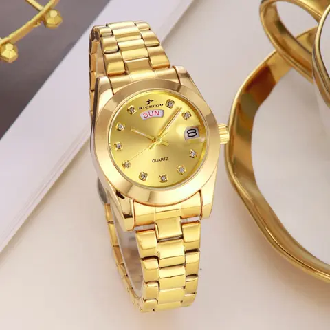 RICECGO women's gold watch, Fashion watches, fashionable wristwatch, with a round dial, rhinestone design, dual date display, a timeless jewelry accessory, comes with a box and suitable for any occasion, Quartz analog watch