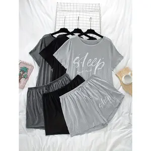 3 Sets Women's Plus Casual Pajama Set, Plus Size Letter & Eyelash Print Short Sleeve Tee & Pants Lounge 6 count Set