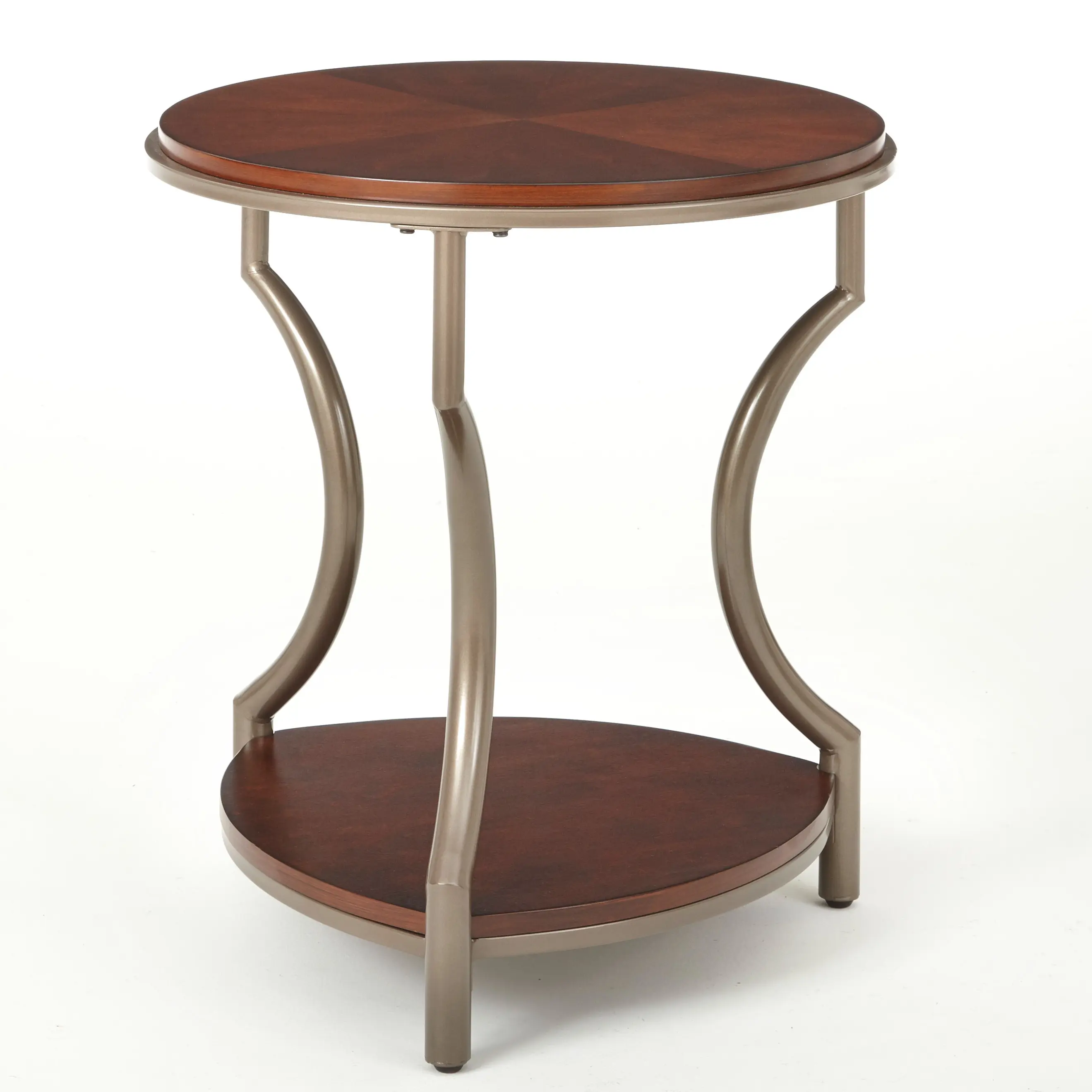 Miles Round End Table with Wood Top and Iron Legs for Transitional Home Decor Merlot Finish Dual-Surface Construction Display Storage Space 22"W x 22"D x 25"H