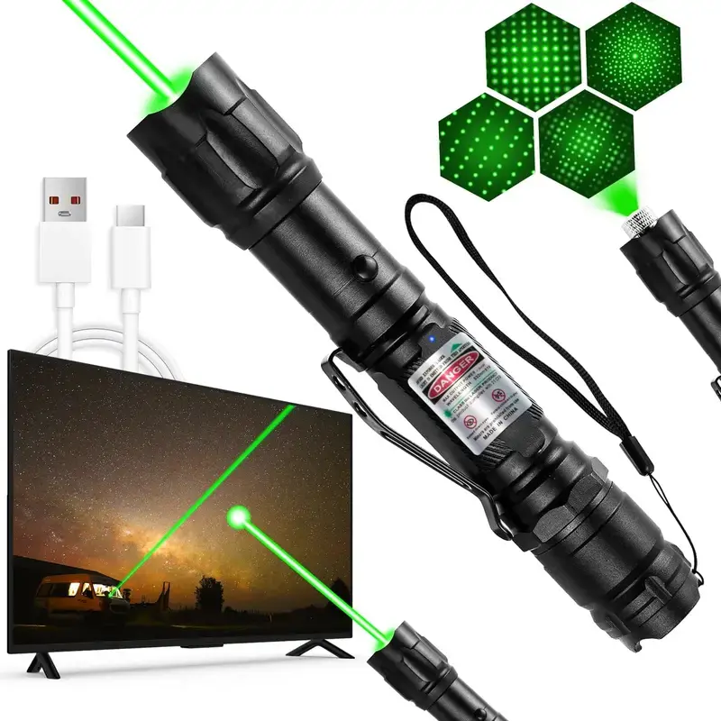 Rechargeable Laser Pointer Pen with Built-in Li-ion, Compact Handheld Design with Long-Range Beam and Flashlight for Presentations & Hiking, Flashlight+Pointer, Flashlight Function, Batteries Built-In, Camping, Led, Compact & Portable, Adults, Metal Body,