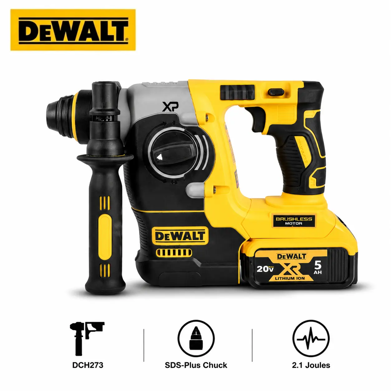 DEWALT DCH273 20V MAX Brushless SDS-Plus Rotary Hammer, 2.1 J Impact Energy, SHOCKS Vibration Control, Overload Protection, 2 Operation Modes, For Concrete Drilling, Light Chiseling, Construction Installation On Job Sites