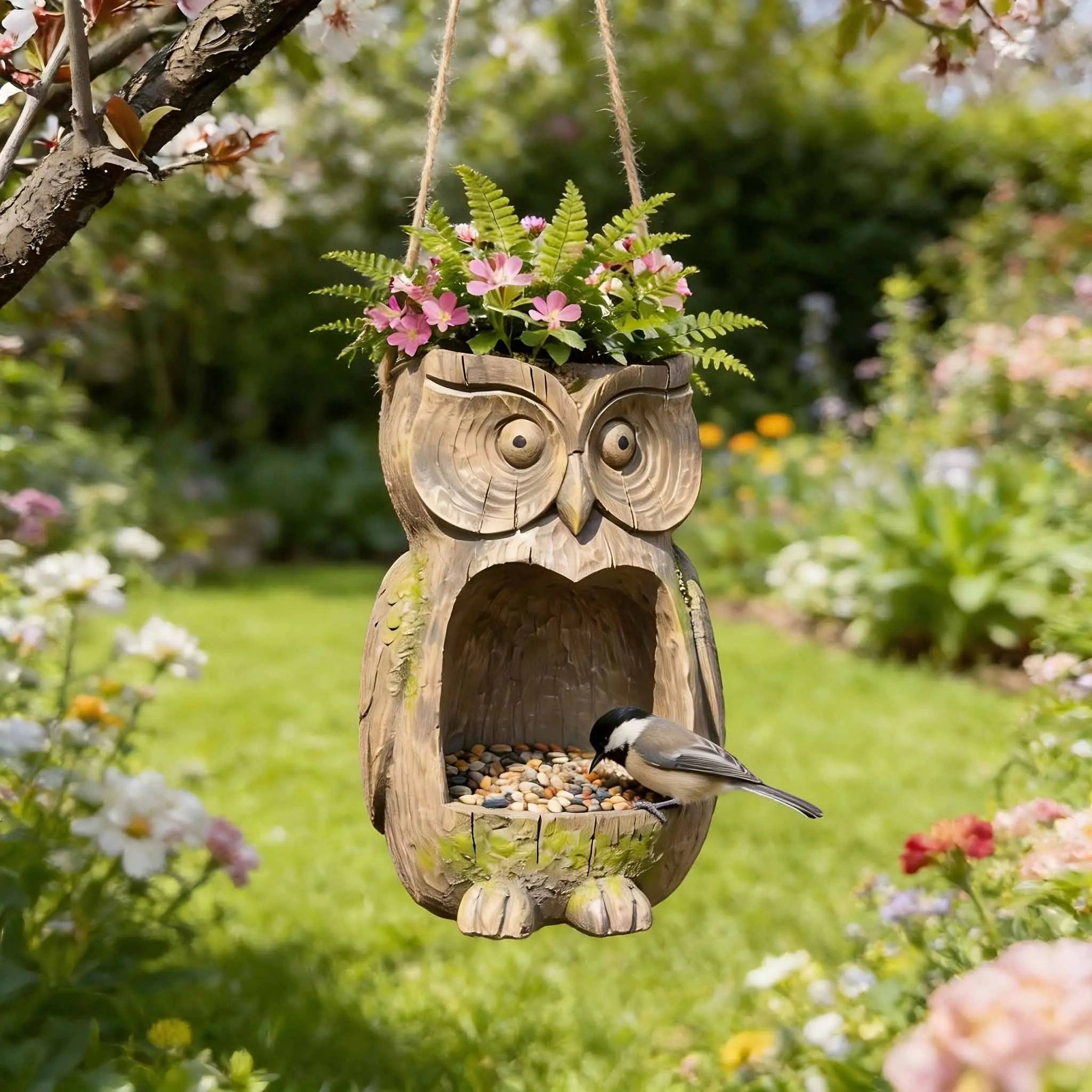 Quiet Owl Outdoor Garden Statue, Bird Feeder and Planter, Perfect for Courtyard and Garden Decor, Elegant Outdoor Decoration, Garden Accessories