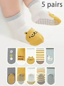 5 Pairs Children Socks Baby Walking Socks Girls Boys Non-Slip Indoor Floor Socks Cartoon Animal Pattern Kids Short Socks
