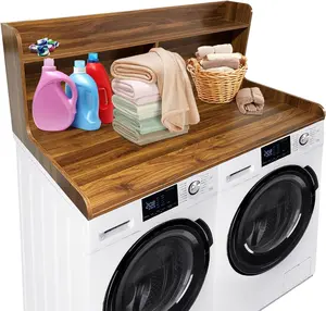 Garvee 2-Tier Washer Dryer Countertop with 2.75" High Edge Rails, Non-Slip Pad, and Storage Space, 54" W x 27.55" D Laundry Countertop for Folding Clothes in Walnut Finish