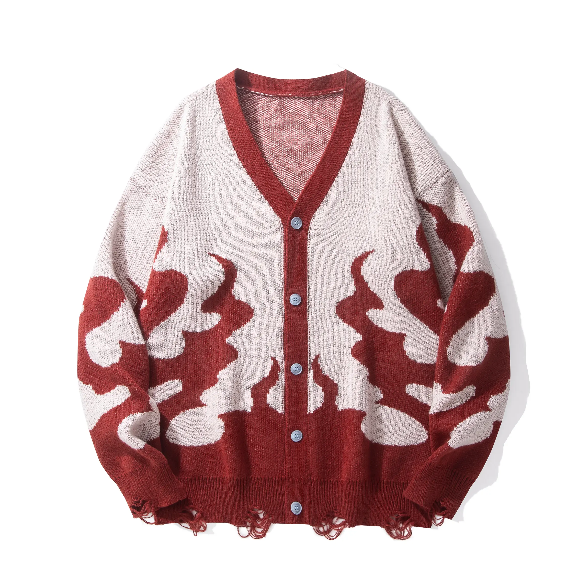 Mens Y2K Red Flame Graphic Cardigan Sweater Distressed Grunge Streetwear Knit V-Neck Button Up Vintage Retro Knitwear Alt Opium Hip Hop Oversized Fall Winter Sweaters For Men Ripped Frayed Hem Unisex XS-XL Menswear Pullover Tops Fashion，2pack Casual Biker