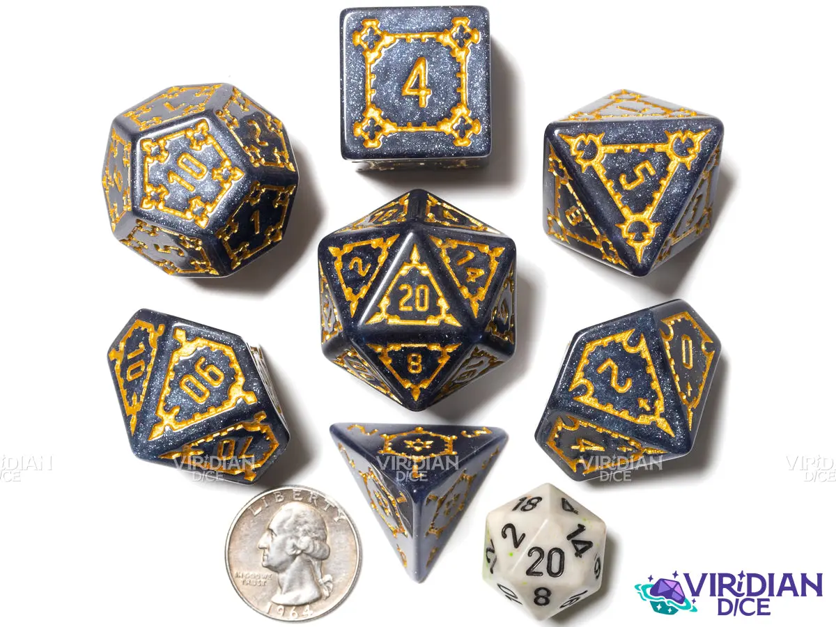 Midnight Citadel | Giant Castle, Dark-Grey Black, Gold Ink, White Glitter | Resin Dice Set (7)