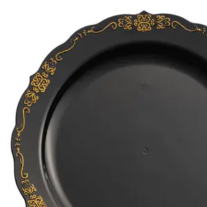 Black with Gold Vintage Rim Round Disposable Plastic Appetizer/Salad Plates (7.5")