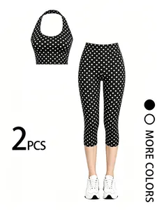 Polka Dot Halter Sports Set, High Waist Seven-Eighths Leggings Two-Piece Set, Retro Style, Comfortable & Stylish, Perfect for Fitness & Casual Wear, Summer Activewear