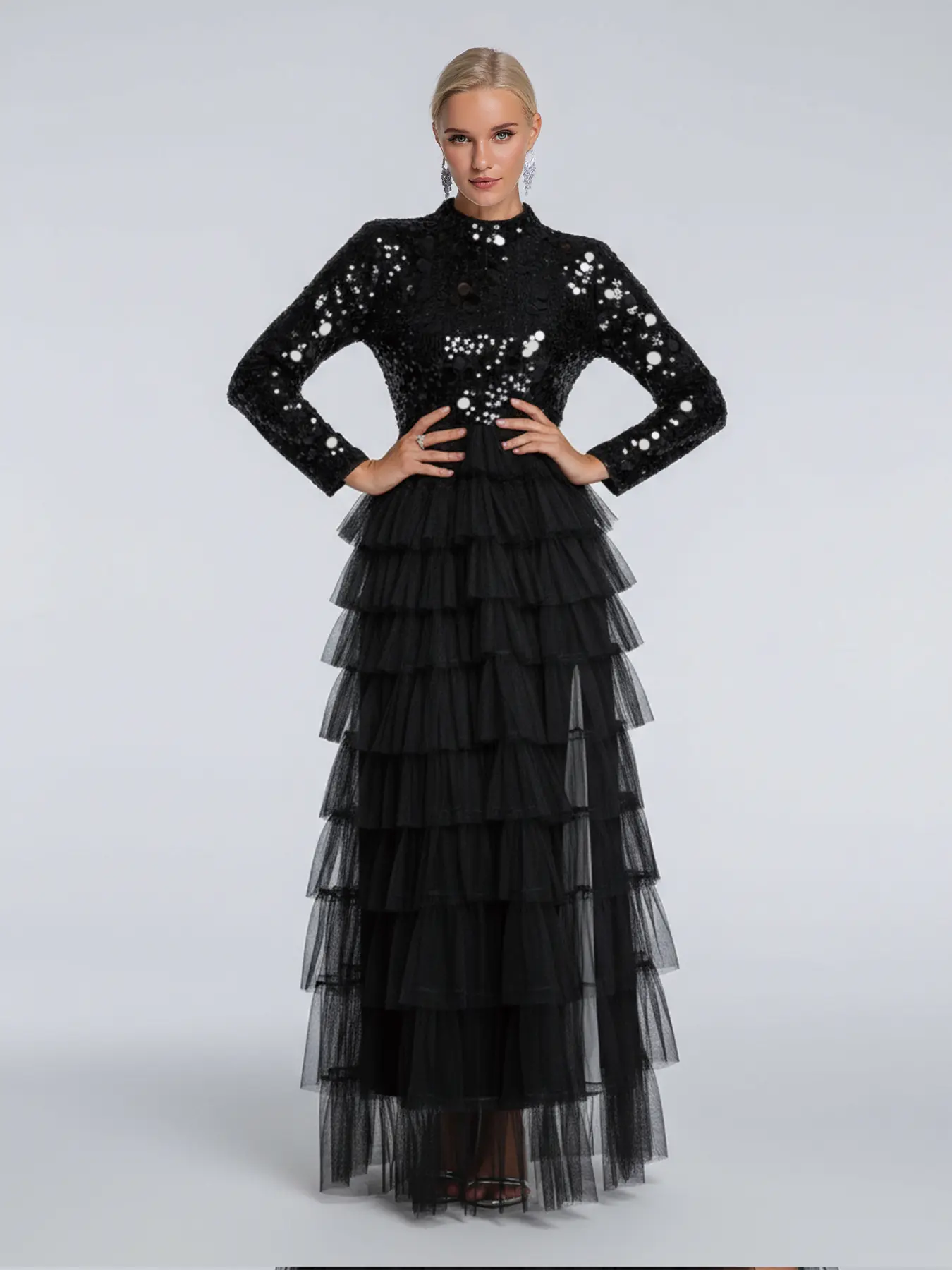 CF Sequined patchwork high-neck layered tulle long dress, elegant and vintage style, glamorous and stylish, suitable for formal occasions such as dinners, celebrations, and high-end parties. - TikTok Shop CF Sequined patchwork high-neck layered tulle long dress, elegant and vintage style, glamorous and stylish, suitable for formal occasions such as dinners, celebrations, and high-end parties. - TikTok Shop