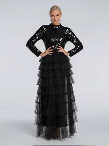 CF Sequined patchwork high-neck layered tulle long dress, elegant and vintage style, glamorous and stylish, suitable for formal occasions such as dinners, celebrations, and high-end parties.