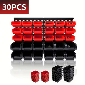 30pcs Bins Wall-Mounted Storage Rack System, Heavy Duty Garage& Workshop Tool Organizer for Screws, Nuts, Bolts, Nails, Beads & Small Hardware, Durable Garage Organization Holders, Garage Storage Rack Storage Model: 30pcs Red&Black