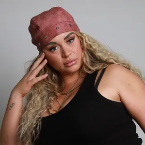 Studded Sandy Pink Mauve Distressed Leather Biker Skull Cap with Satin Protective Lining (Genuine Leather)