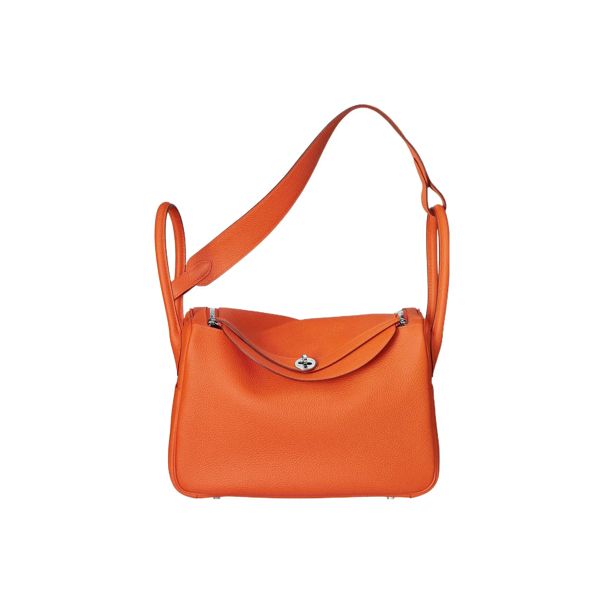 Pre-owned HERMÈS leather Tote Bags Lindy 26 Orange Poppy Clemence/Togo Silver Hardware Handbag