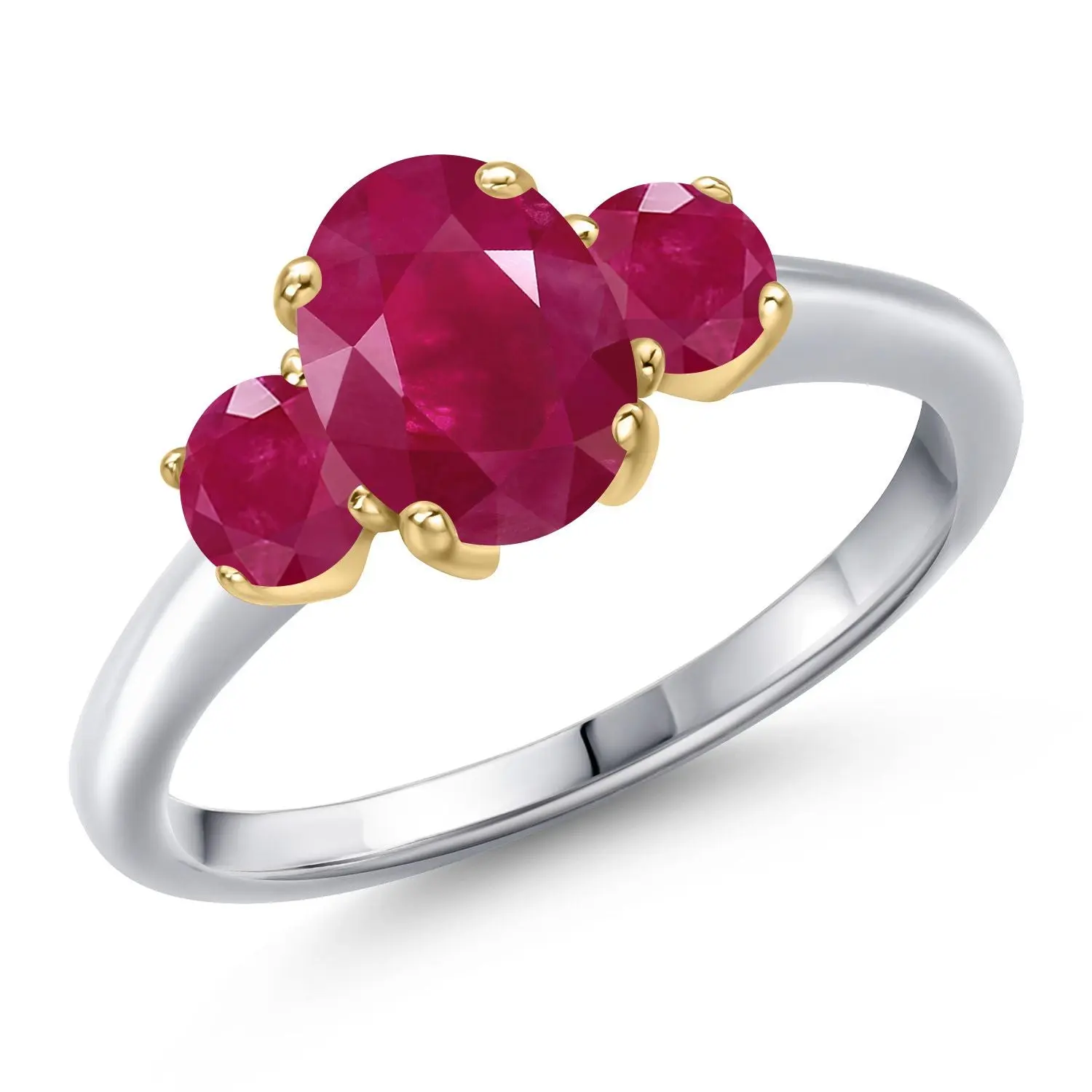 Gem Stone King 10K Two Tone Gold Red Ruby 3-Stone Engagement Ring For Women | 2.30 Cttw | Oval 8X6MM | Gemstone July Birthstone, Thinking Of You, 2.3Cttw Total