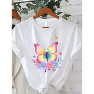 Men's & Women's 100% Cotton T-Shirt 180g Short Sleeve Round Neck Casual Top with Colorful Butterfly Print Suitable for Summer Fall Wear, Machine Washable Gift for Christmas New Year, Unisex Everyday Basic Wardrobe Essential