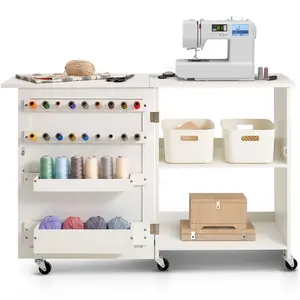 Folding Sewing Table with Lockable Wheels Storage Shelves Trays Door White