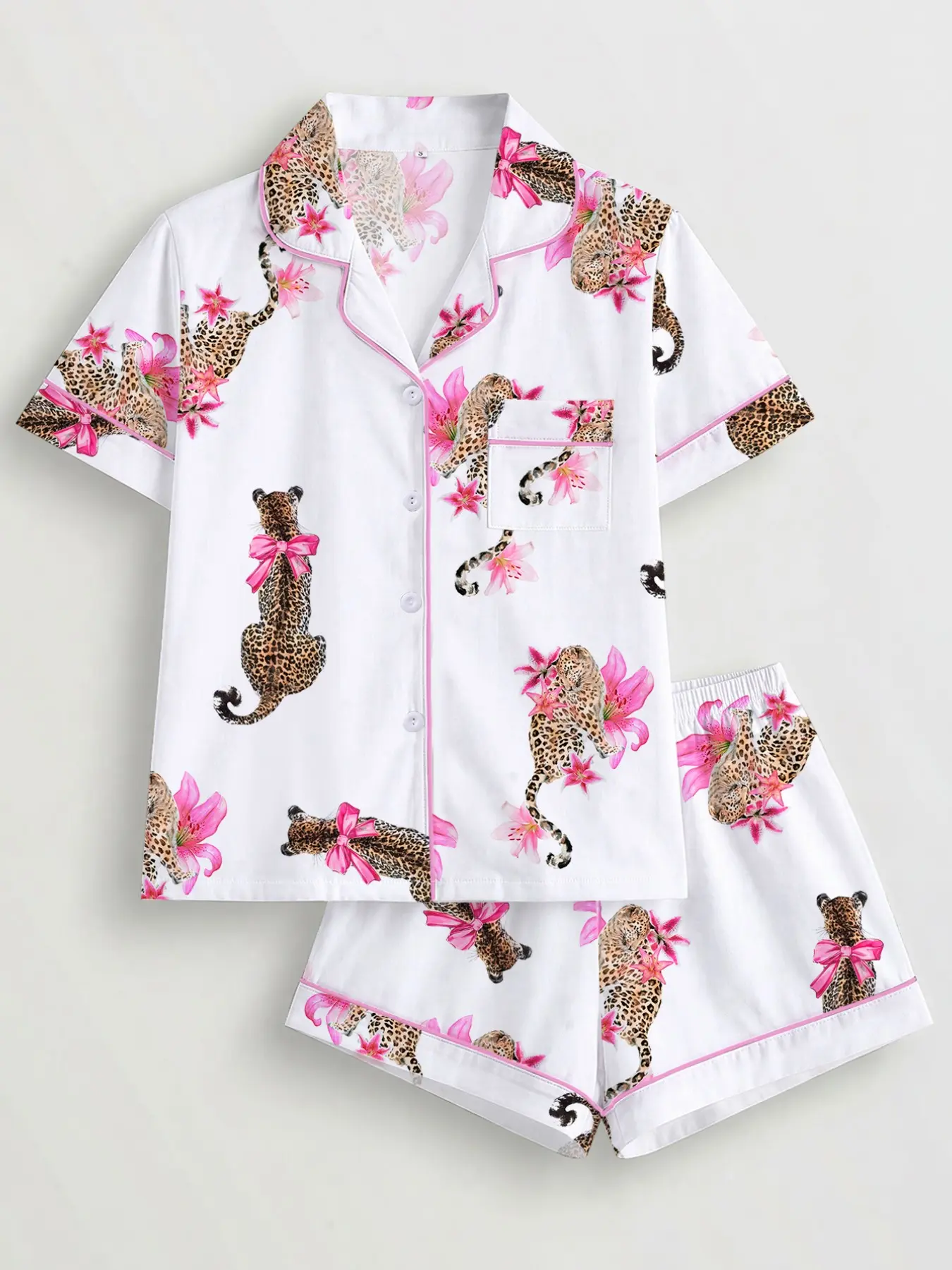 Women's 2-Piece Pajama Set, Leopard, Bow and Floral Print, Comfortable Short-Sleeve Top and Elastic Shorts, Casual Home Wear, Summer Loungewear, Nightwear
