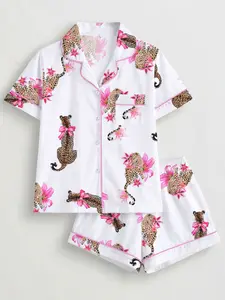Women's 2-Piece Pajama Set, Leopard Theme Butterfly Floral Print, Comfortable Short Sleeve Top and Elastic Shorts, Casual Home Wear