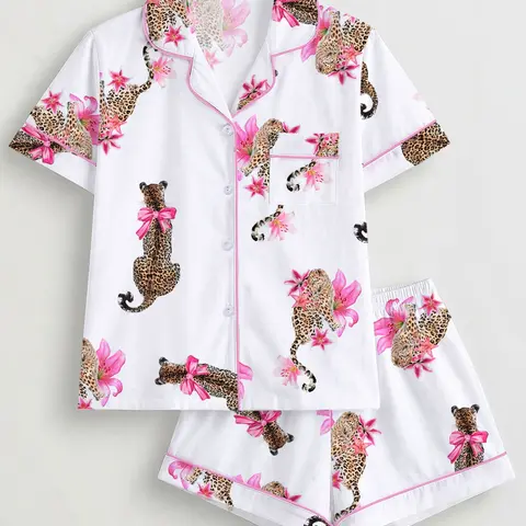Women's 2-Piece Pajama Set, Leopard, Bow and Floral Print, Comfortable Short-Sleeve Top and Elastic Shorts, Casual Home Wear, Summer Loungewear, Nightwear, Printed Sleepwear Set