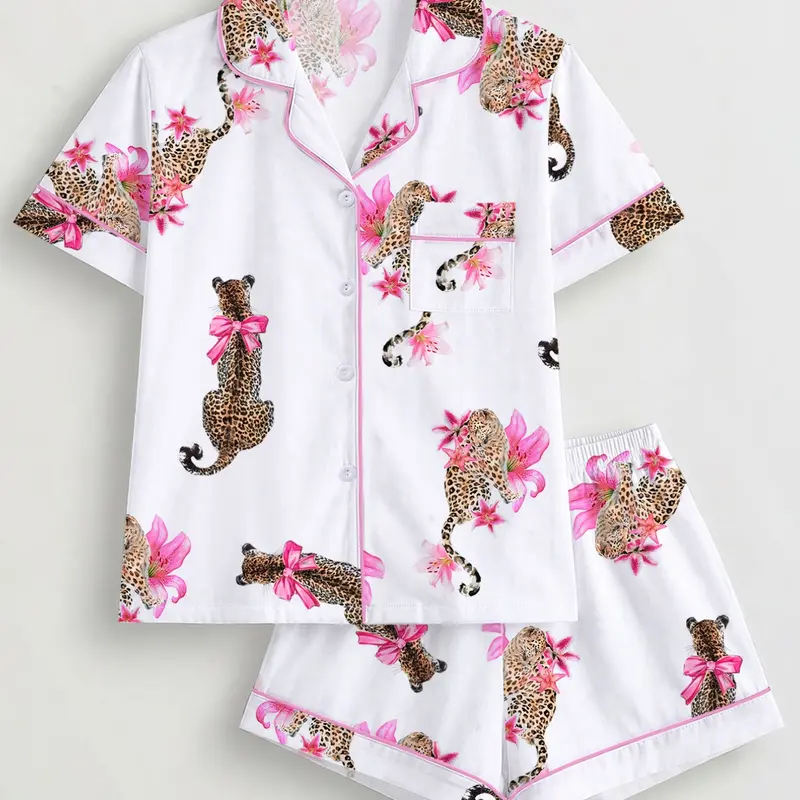 Women's 2-Piece Pajama Set, Leopard, Bow and Floral Print, Comfortable Short-Sleeve Top and Elastic Shorts, Casual Home Wear, Summer Loungewear, Nightwear, Printed Sleepwear Set