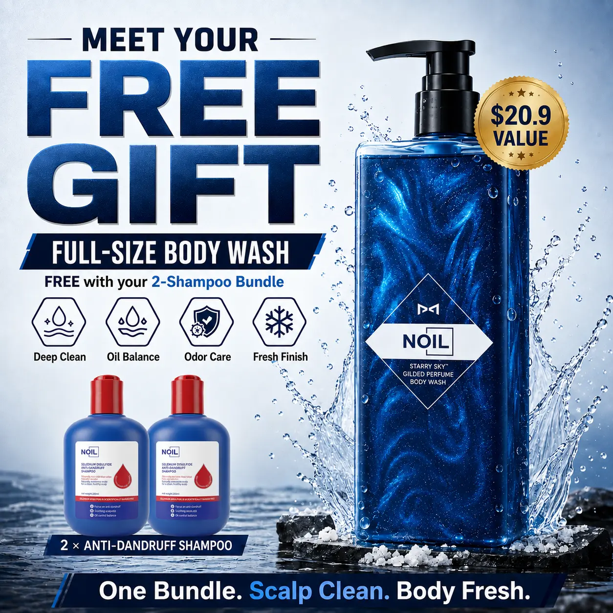 NOIL 3pc Shower Set: 2x Anti-Dandruff Shampoo & 1x Dual-Acid Acne Body Wash | Salicylic Acid for Back Acne, Clogged Pores & Itch Relief | Complete Hair & Body Care Kit for Dandruff Control & Clear Skin,back to school