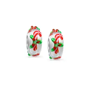 Sterling Silver Christmas Red Candy Cane Peppermint Murano Glass Spacer Charm Bead for Bracelet (Set)