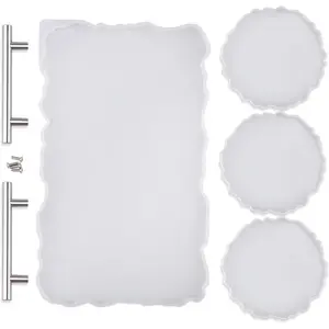 Resin Tray Mold Silicone & 3Pcs Geode Coaster Molds for DIY Crafts, Epoxy Resin Casting Molds for Making Faux Agate Tray, Serving Board, Home Decorations Tableware White