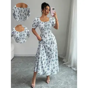 Women's Elegant Floral Print Square Neck Mini Dress With Ruffle Trim And Ruffle Sleeves, Suitable For Spring/Summer/Autumn Boho Casual